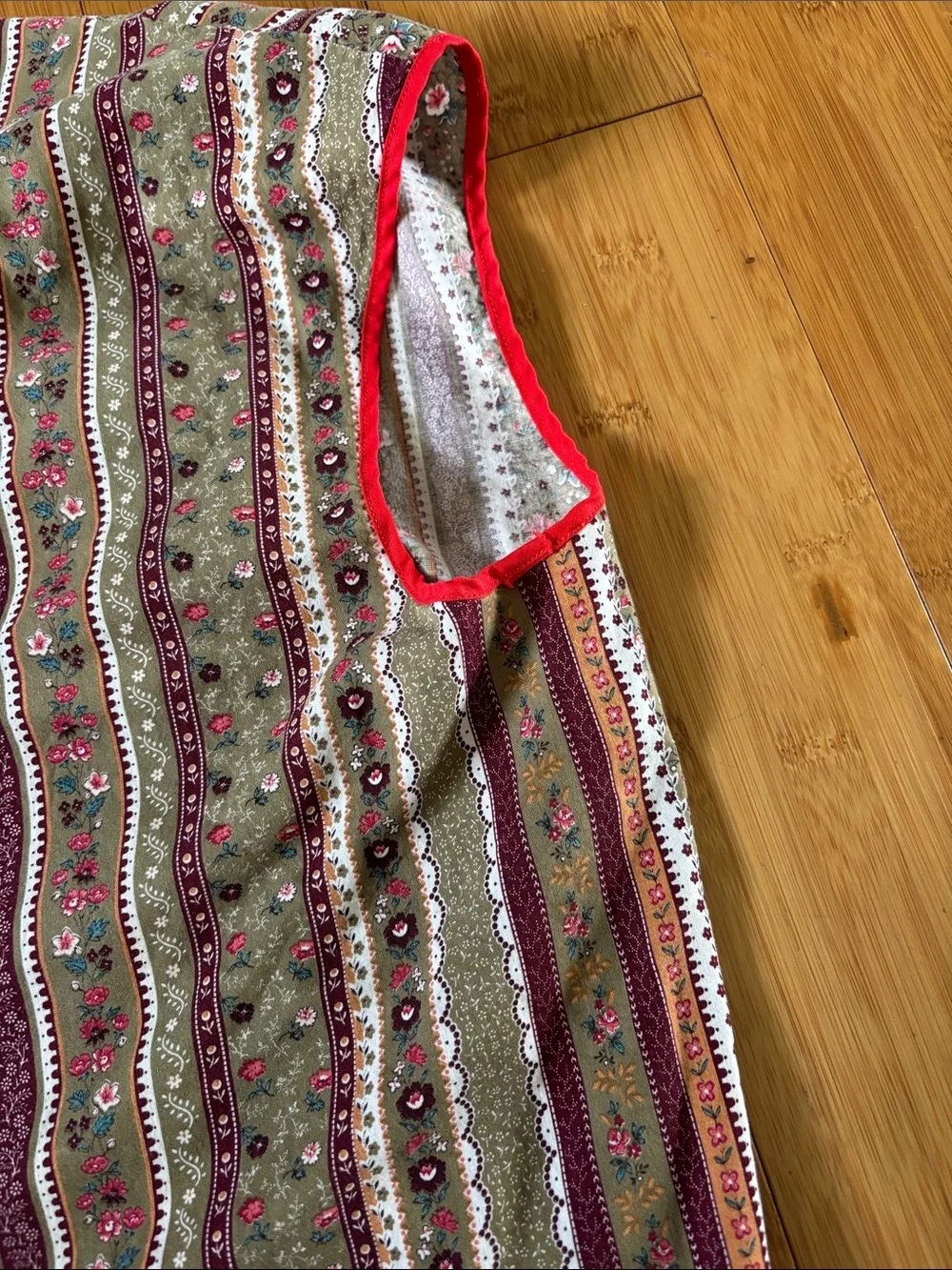 Olive Green Floral Stripe Kitchen Apron with Red Trim